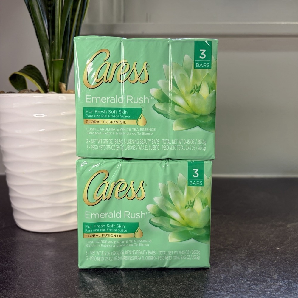 6- Caress Emerald Rush Lush Gardenia & White Tea Beauty Bar Soap‎ Full Size NEW